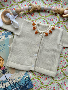 baby merino cardigan - cream with copper flowers - 3-6 months